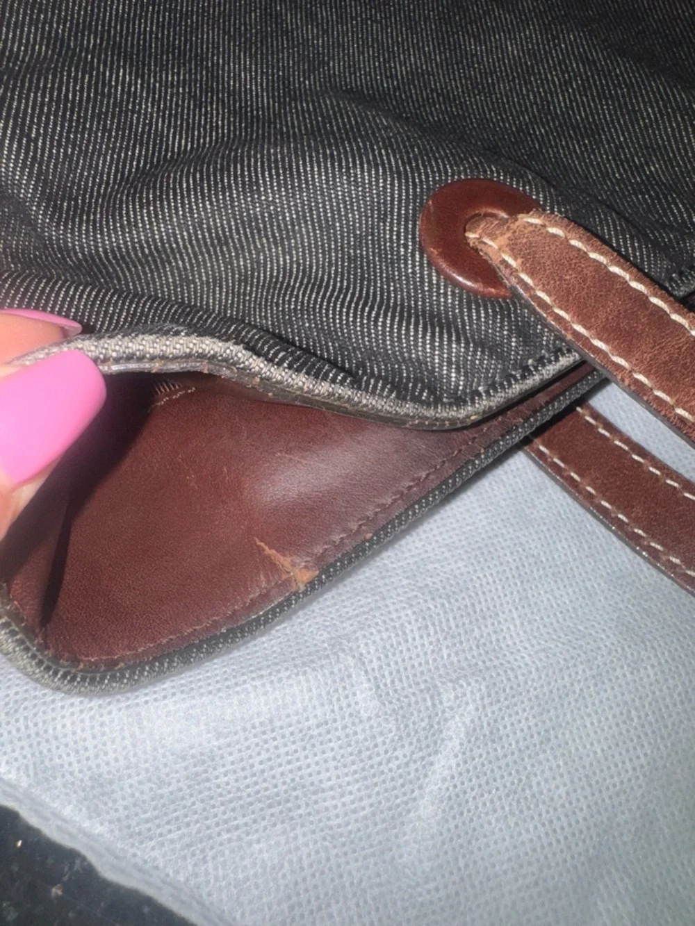 CHANEL Dark Gray Denim Tote with Brown Leather Straps - Picture 12 of 16